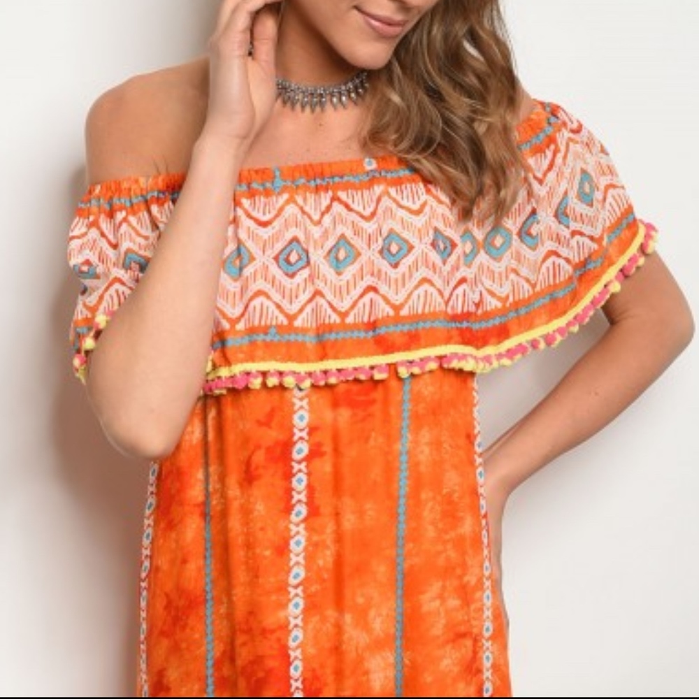 LAST 1! Mini Pompom Tassel ORANGE BLUE DRESS - Picture 2 of 5